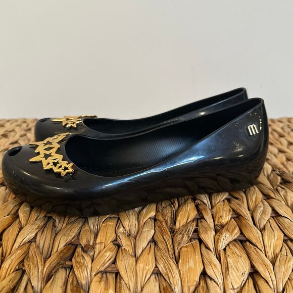 Mini Melissa Ultra Girl Star Flats sz 2 Girl's Black Flats Gold Star - Picture 5 of 6